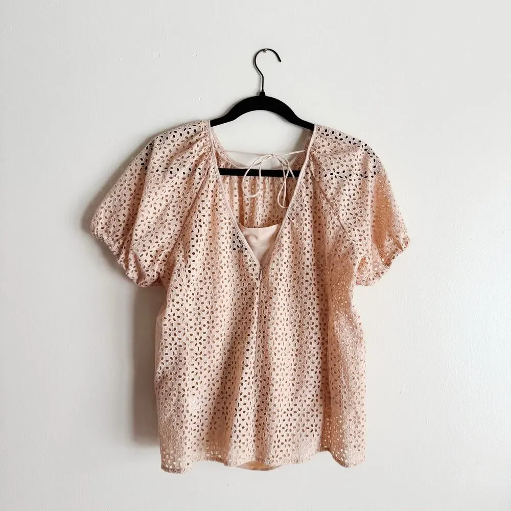 J. Crew Tan Eyelet V Back Puff Sleeve Blouse - Size 12